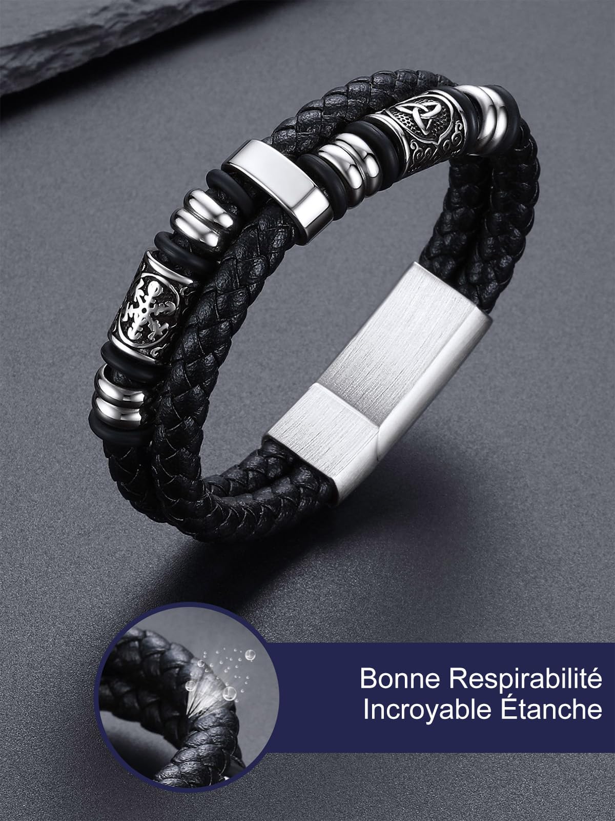 Bandmax Longueur de 19/21/23/25 cm, Bracelet Cuir Homme avec Fermoir Magnétique - Bracelet PU Tressé avec Manchette Double Couche - Pour Papa Fils Petit-ami - Cadeaux Fête des Pères