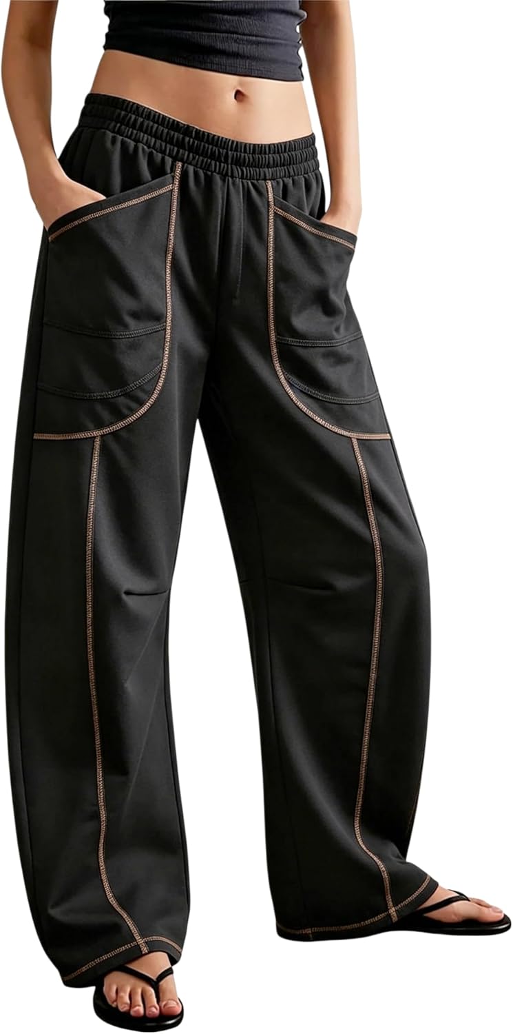 Womens Casual Barrel Pants Baggy Wide Leg Lounge Drawstring Elastic Waist Sweatpants Trousers with Pockets