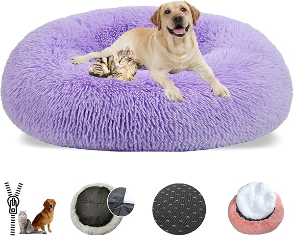 Panier pour Chien Dehoussable, Coussin Chien Anti Stress Lit Moelleux Apaisant Chat Lavable, Coussin Donut pour Chats et Chiens- Purple||Ø40cm/16in - 1