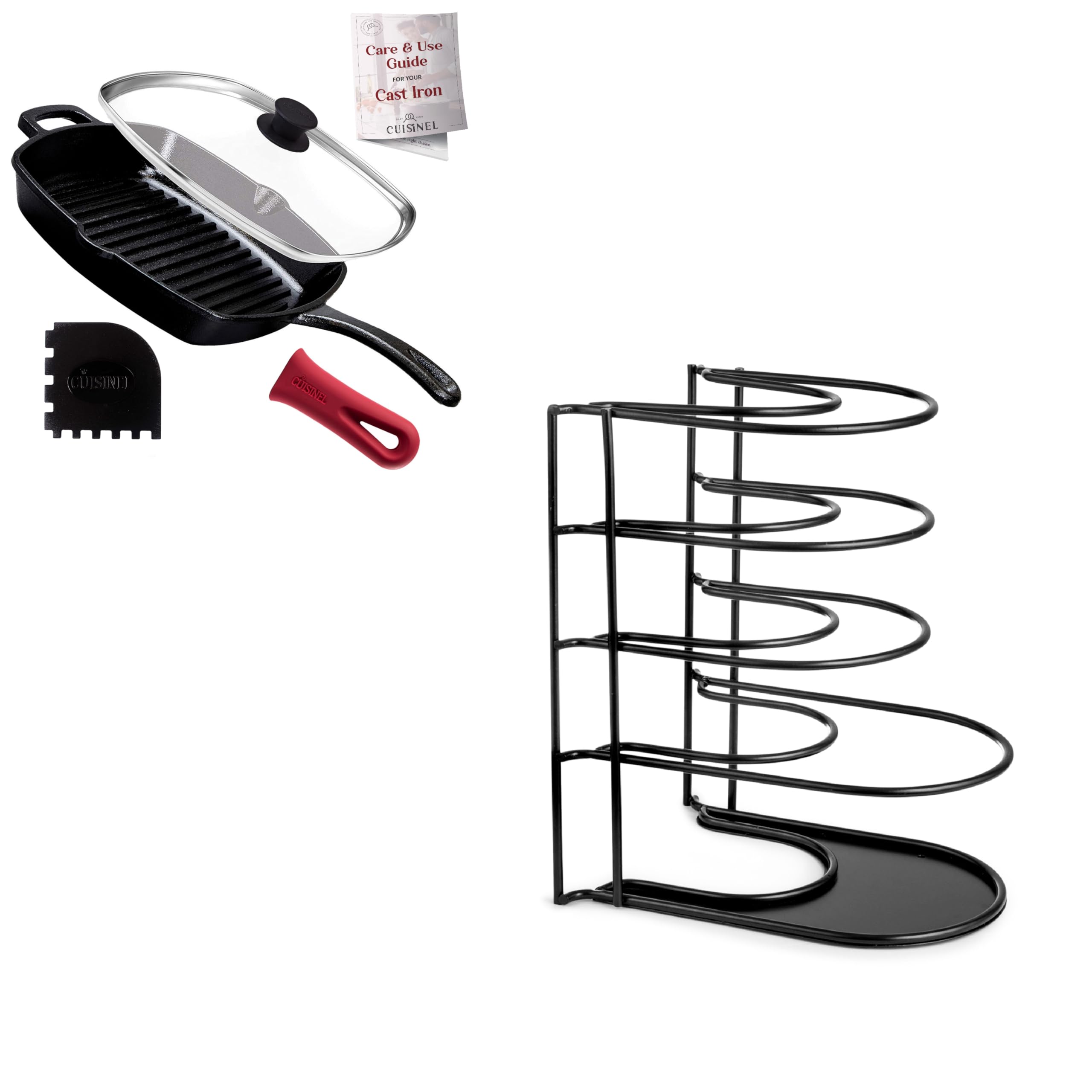 CuisinelCast Iron Grill Pan + Glass Lid + Pan Rack Organizer + Pan Scraper - Grilling Cookware with Storage and Accessories