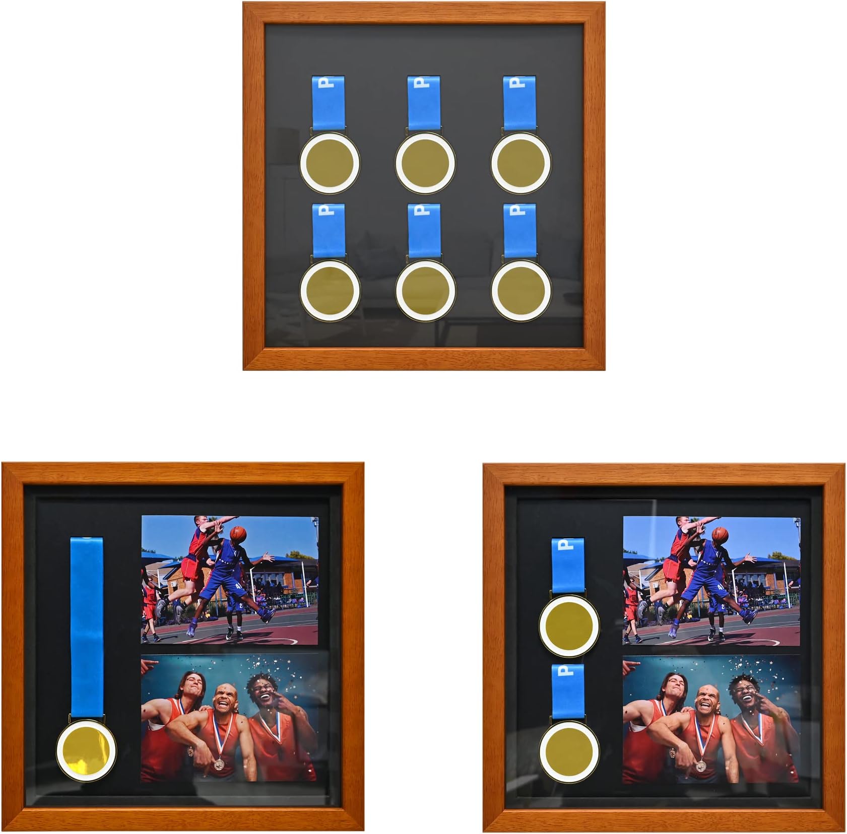Brown Wooden Medal Display Case with Shadow Box - Holds 6 Medals & 2 Race Photos - Marathon, Runner, Military, Sport Awards & Gifts (13x13 inch)