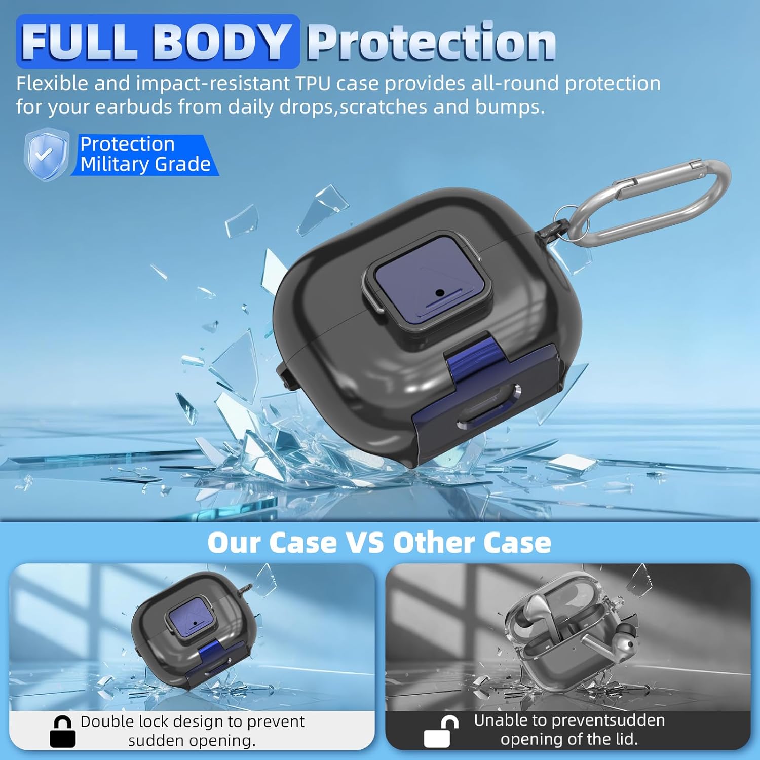 Secure Lock Case for Galaxy Buds 3 Pro (2024) / Galaxy Buds 3 FE (2025) | Phone Stand Design | Soft TPU | Shockproof Protective Cover for Samsung Buds 3 Earbuds w/Cleaning Pen & Keychain (Black) - Image 4