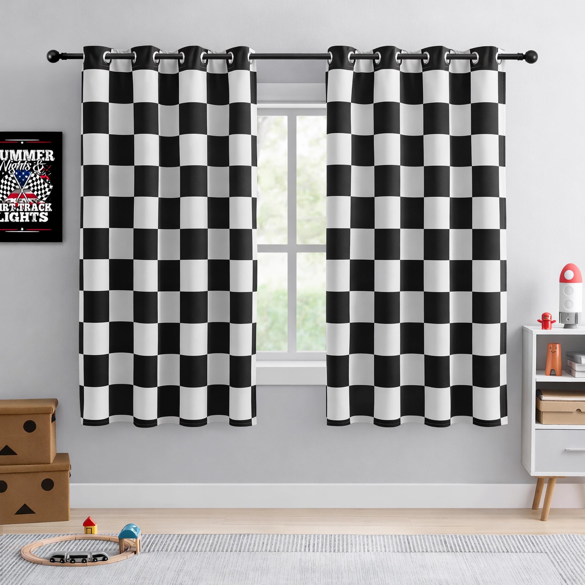 BOHOMOCASA 100% Blackout Curtains – Black and White Checkered Race Flag Pattern, 2 Panels, Each W52×L72, Thermal Insulated, Nosie Reducing for Bedroom, Living Room, Race car Drapes — image 1