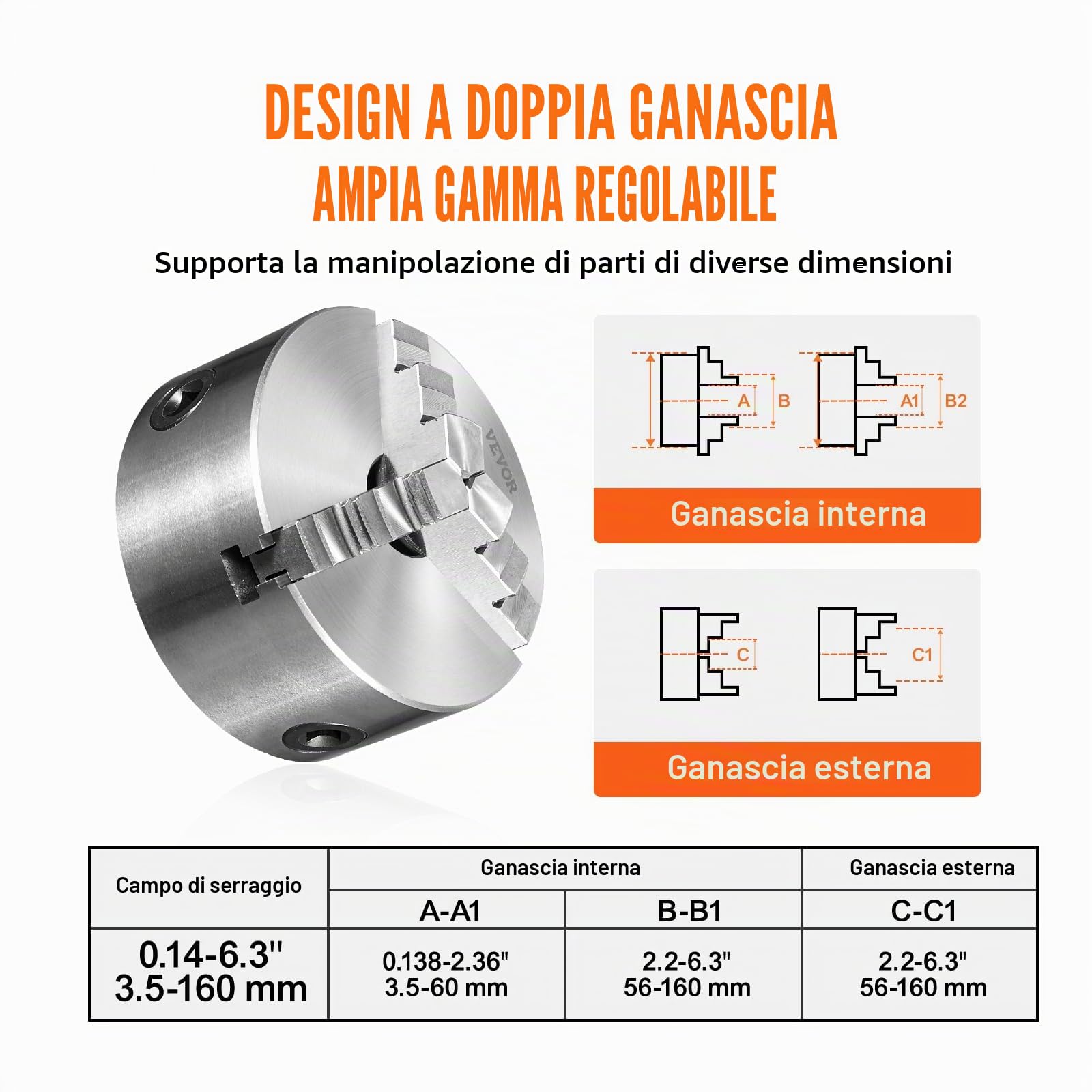 VEVOR Mandrino a 3 Ganasce per Tornio Mandrino Autocentrante Materiale in HT300 Diametro 160 ± 5 mm, Mandrino per Tornio a 3 Griffe Gamma di Serraggio 3,5-60mm, Mandrino Autocentrante per Tornio 160mm