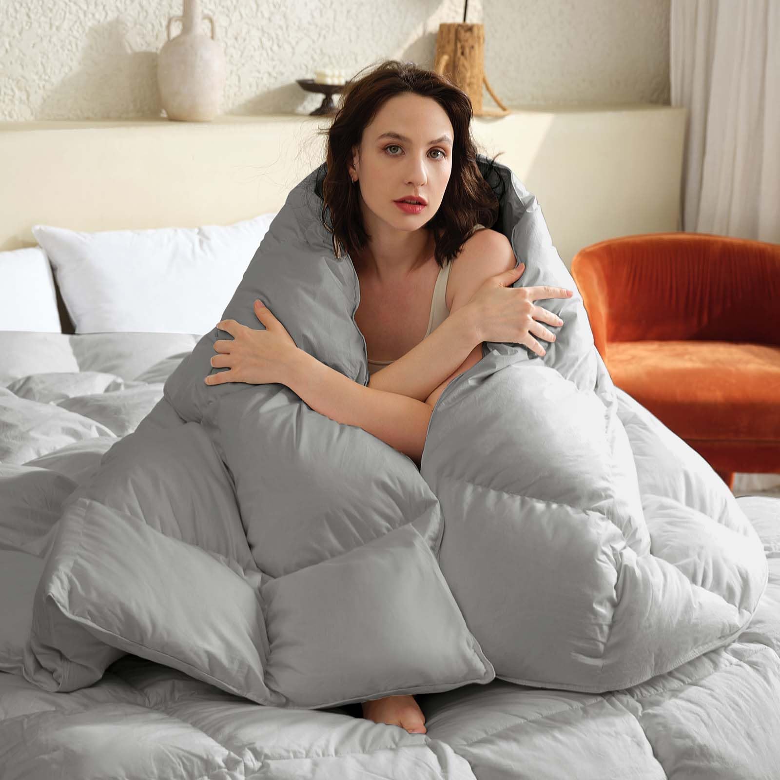 BHZDown Comforter King Size, Duvet Insert All Seasons Feather Down Comforter, Medium Warm Luxury Soft 100% Cotton Cover with Corner Tabs (106x90 Inches, Grey)