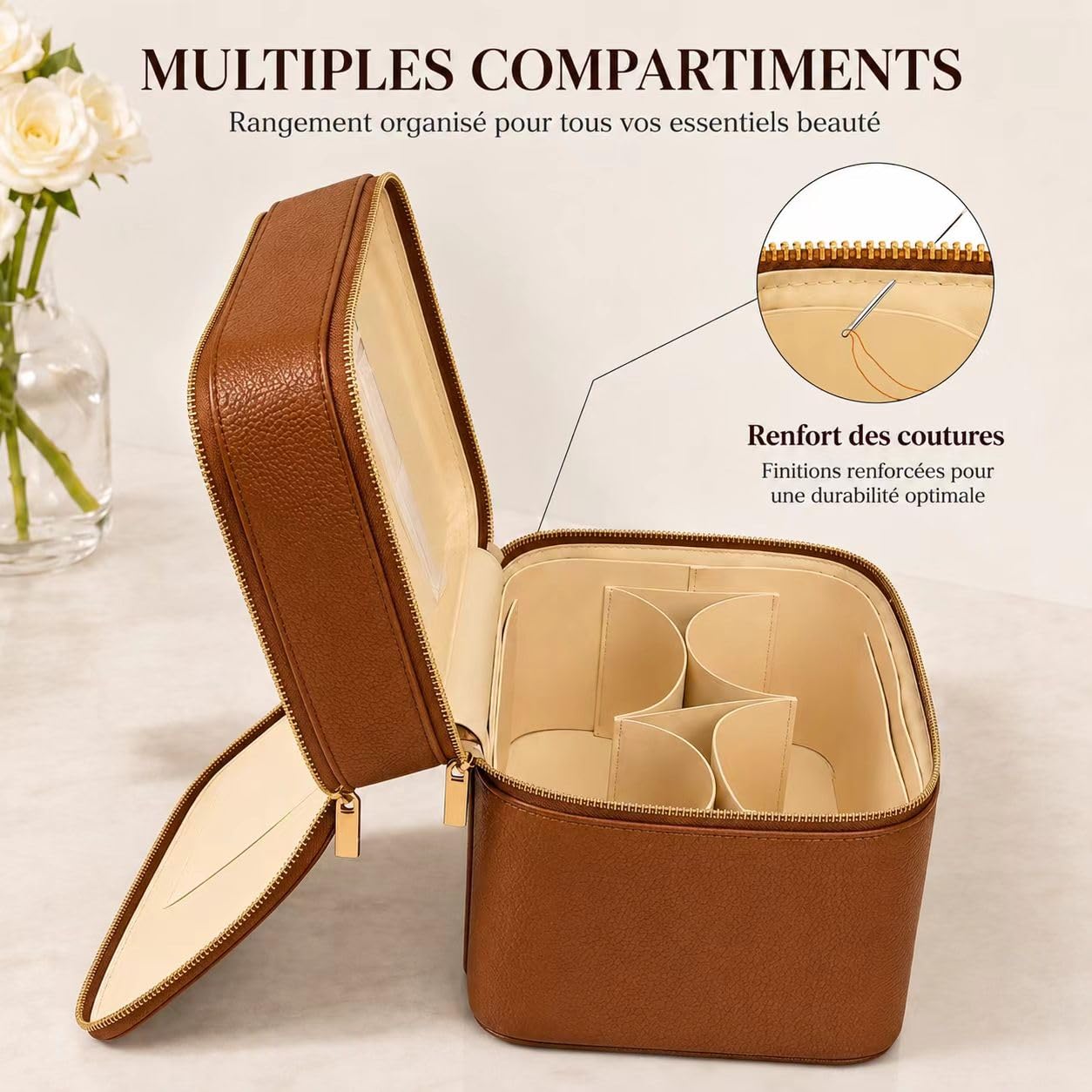 Trousse de Maquillage Double Couche Grande Capacité, Vanity Voyage avec Compartiment Amovible, Sac de Toilette Imperméable à Pochettes Multiples pour Femme