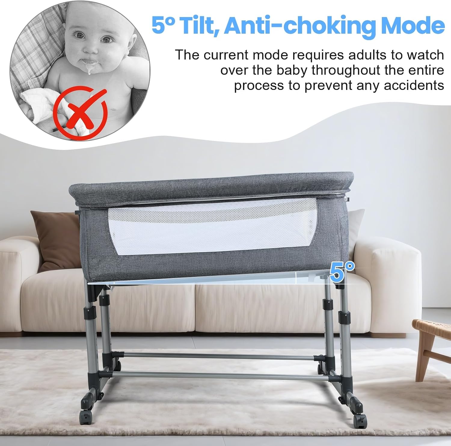 Twin Bassinet & Twin Crib for 2 Babies,6 Height Adjustable Crib, Bedside Double Bassinet,Infant Co Bedside Crib Attaches to Bed, Grey Dark Gray L: 89cm/35.04", W: 93cm/36.61", H: 85cm/33.46"