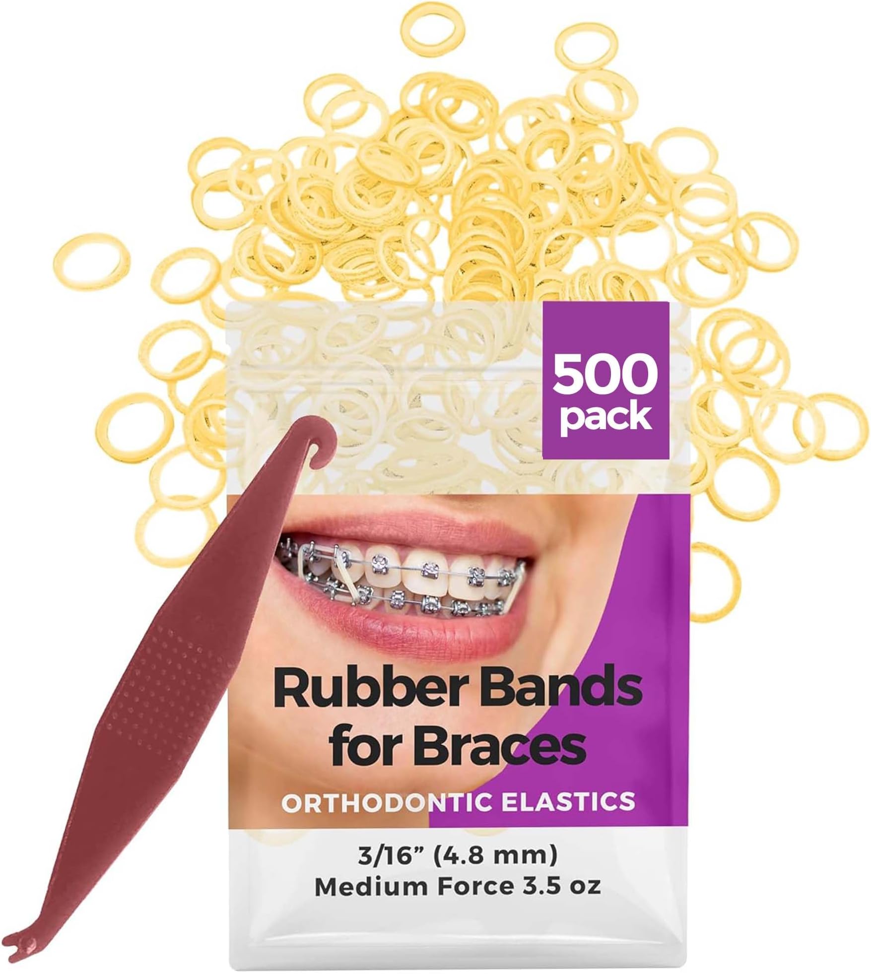 Orthodontic Rubber Bands for Braces 3/16 Medium Force 3.5 oz - 500 Pack, Natural, Elastic Braces Rubber Bands, Orthodontic Elastics for Fixing Tooth Gaps, Dreadlocks, Includes Free Elastic Placer