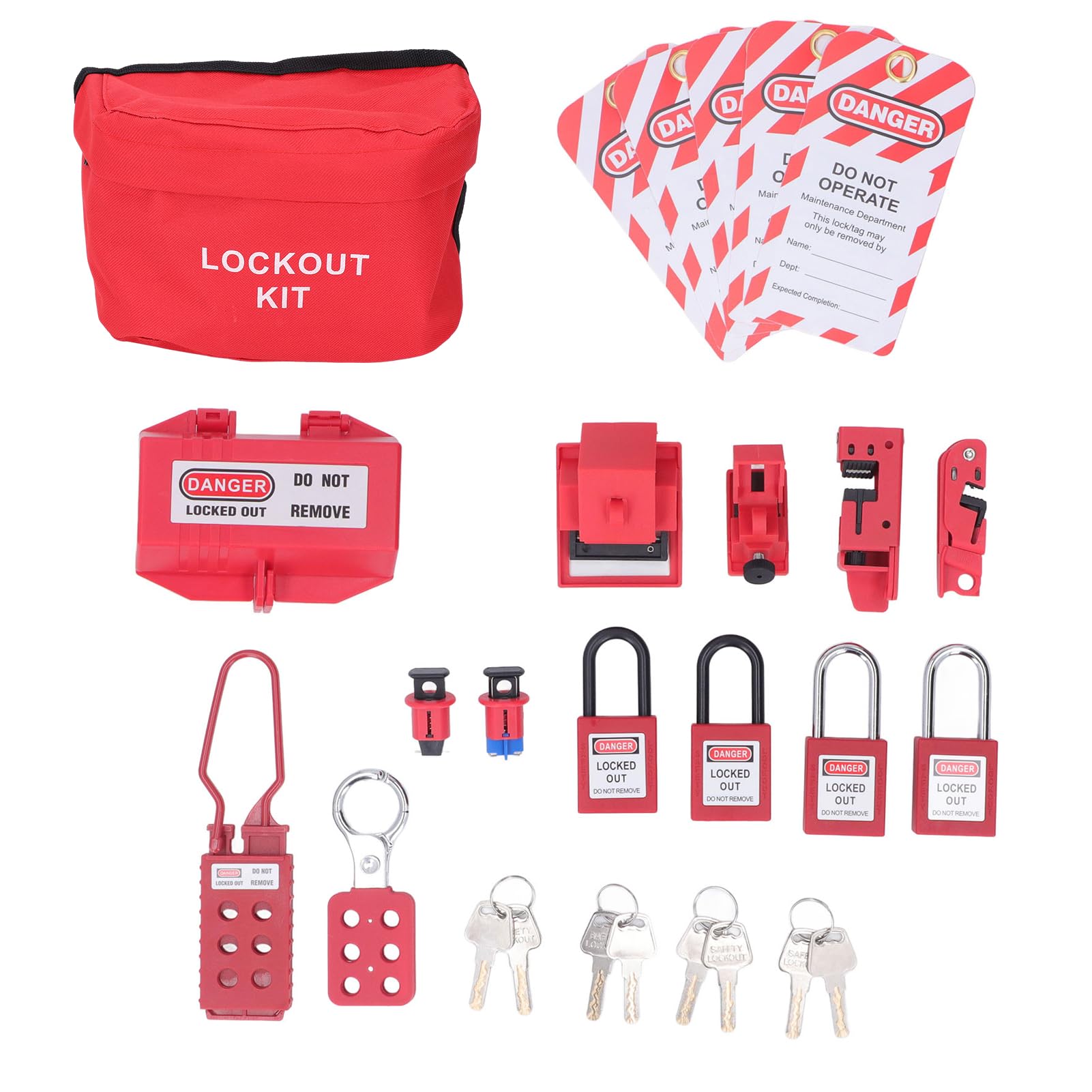 LICAEVEY Kit di Tagout per Blocco Elettrico, Kit di Sicurezza con 6 Fermagli e 4 Lucchetti, Blocco Interruttore Automatico con Tag e Custodia per Apparecchiature Industriali