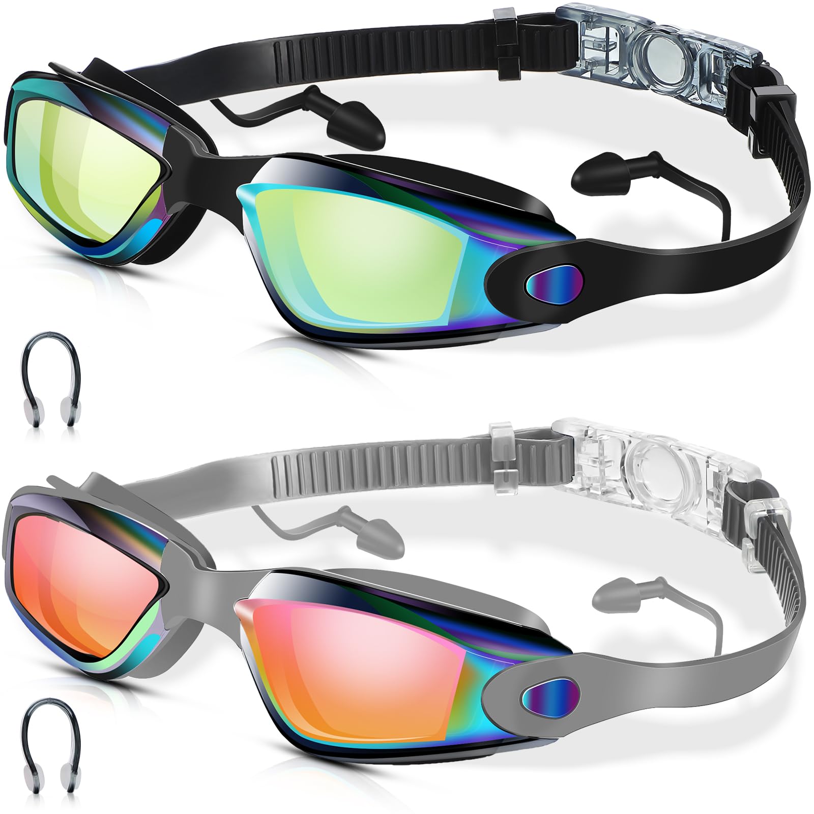 Flutesan 2 x Schwimmbrillen, kein Auslaufen, Anti-Beschlag-UV-Schutz, Schwimmbrille mit Nasenklammern, Ohrstöpseln