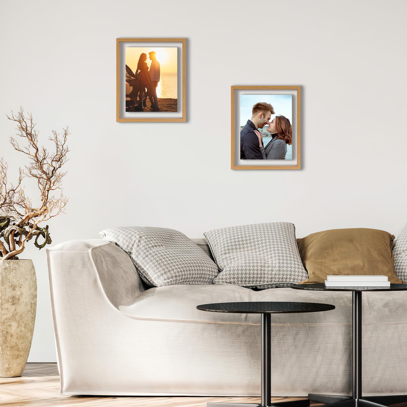Trwcrt 2 Pack 8x10 Floating Picture Frame, Double Glass Rustic Picture Frames Display up to 10 x 12 photos for Desktop or Wall Hanging, Natural