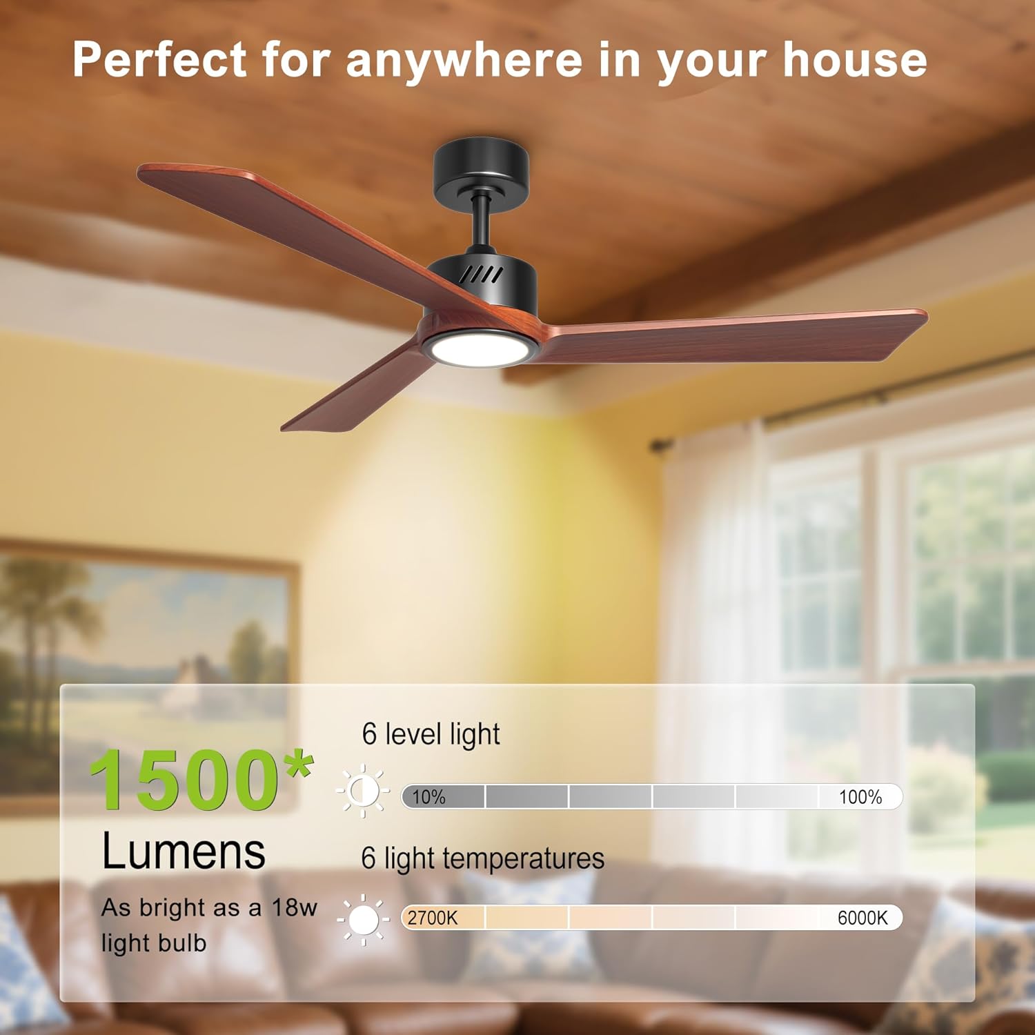 DAMINY Natural Solid Wood 52 inch Ceiling Fan with Light,3 Blade,6CCT,Black Low Profile Ceiling Fan with Light and Remote Control
