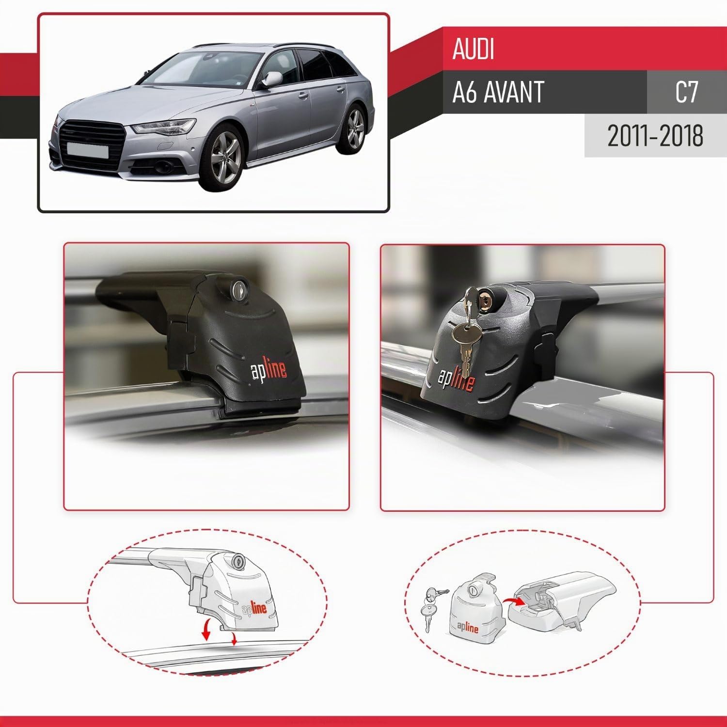 Compatible con Audi A6 (C7) Avant 2011-2018 Modelo Ace-2 Barra de Techo Auto Portaequipajes Barras Transversales Gris Aluminio 2 Barras