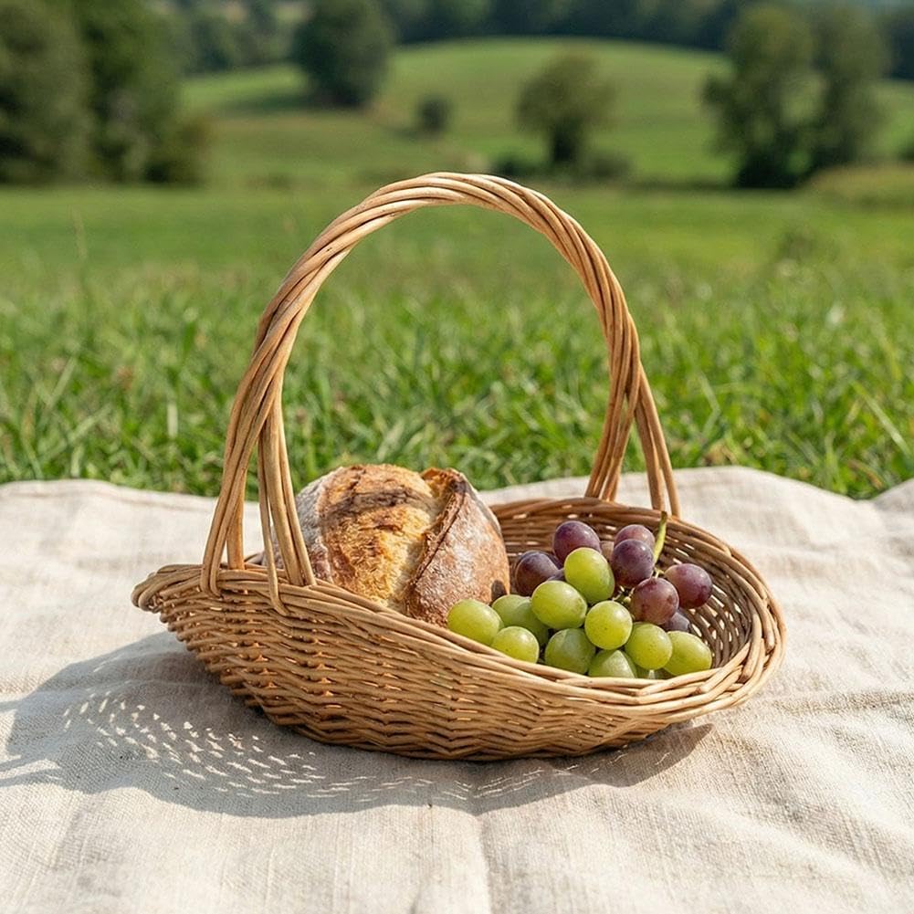 Handwoven Wicker Harvest Basket with Handle, Portable Flower Gathering and Storage Basket, Rustic Picnic Storage Decorative Baskets for Flowers & Vegetables (wood L)