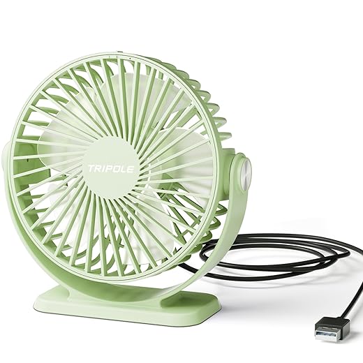 TriPole Small Desk Fan USB Powered Personal Portable Fan, Strong Airflow 3 Speeds Mini Fans 360°Rotation 5.1 Inch Quiet Table Fans for Home Office Bedroom Desktop Travel, Green, 4.9ft Cable