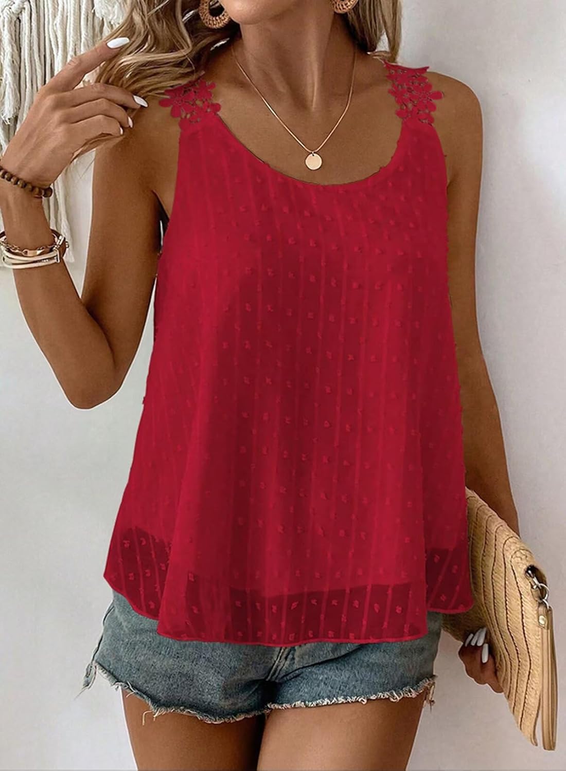 Womens Tank Tops Flowy Sleeveless Summer Boho Tank Top for Women Casual Crewneck Strap Lace Camisole Shirts - Image 4