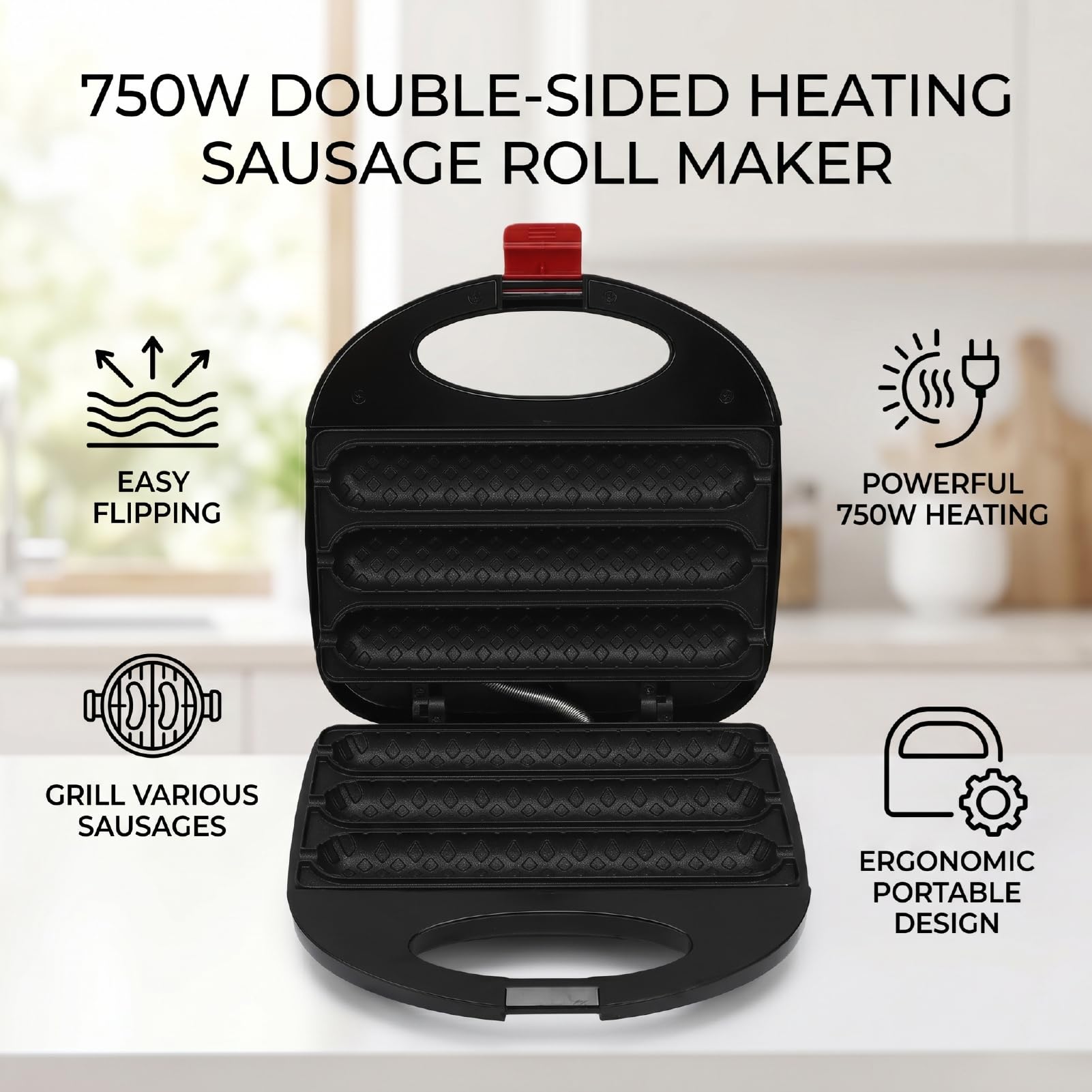 SUNGOOYUE Macchina per Rotoli di Salsicce, Macchina per Hot Dog Elettrica con Rivestimento in Pietra Maifan Antiaderente su Due Lati da 750 W per Barbecue per Colazione (Spina europea 220 V)