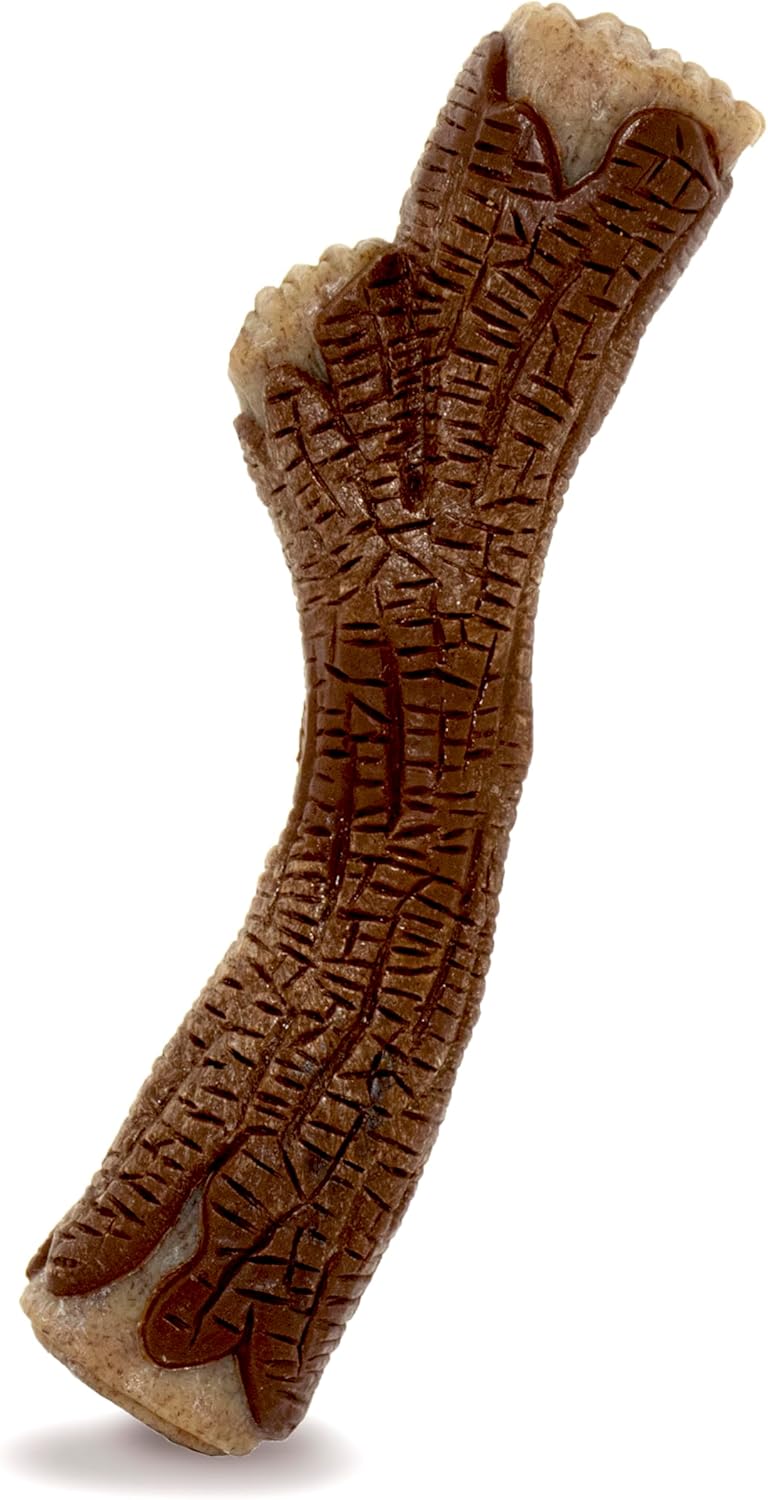 Nylabone Real Wood Stick Toy Strong Chew Toy for Dogs, Rubber Dog Toys for Moderate & Aggressive Chewers, Bacon Flavor, Medium – Up to 35 lbs, 1 Count
