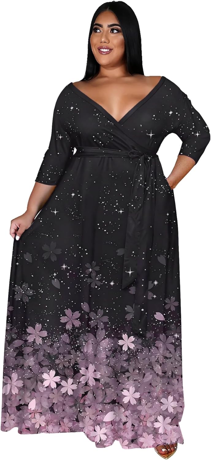 Nmoder Plus Size Maxi Dress for Women - Summer Casual 3/4 Sleeve Floral Flowy Long Dress with Belt XL- 6XL - Image 3