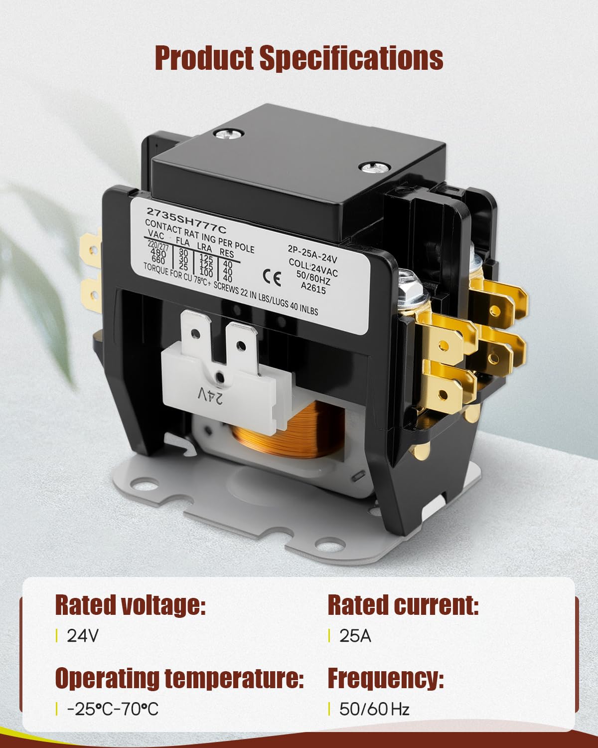CONT2P025024VS Double Pole Contactor Fit for Goodman/Amana/Daikin/Kenmore, 24V, 25A, 2 Pole Condenser Contactor