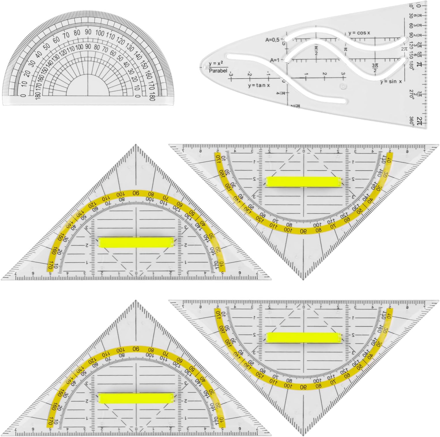 JOYSKY Set of 4 Set Square with Handle Set Square Small Transparent Flexible 16 cm Semicircle Protractor for Office and School Drawing