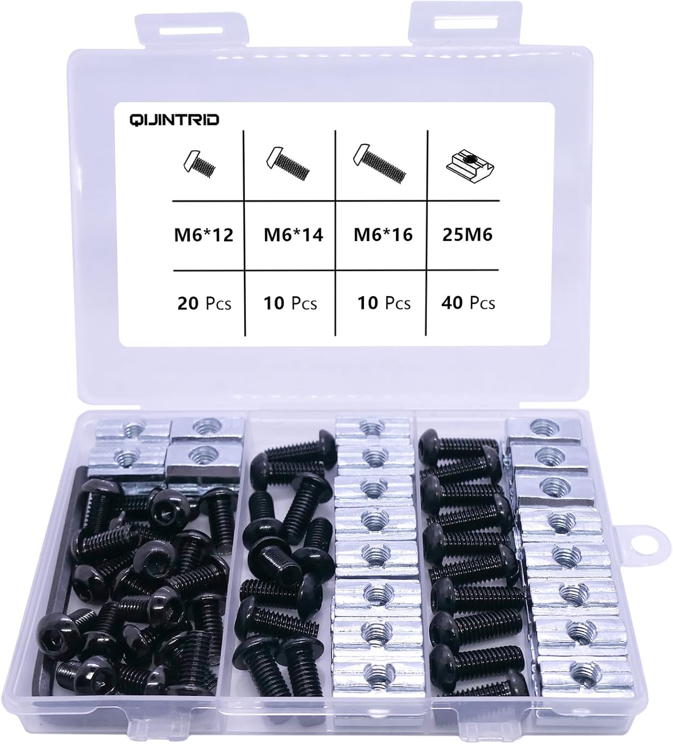 80 pcs M6 T Nut and Screws Kit, 40pcs M6 x 12/14/16mm Stainless Steel Head Socket Cap Screws, 40pcs Sliding T Nut and 1pcs Hex Wrench, for 1010 Aluminum Extrusion Hardware (Black)