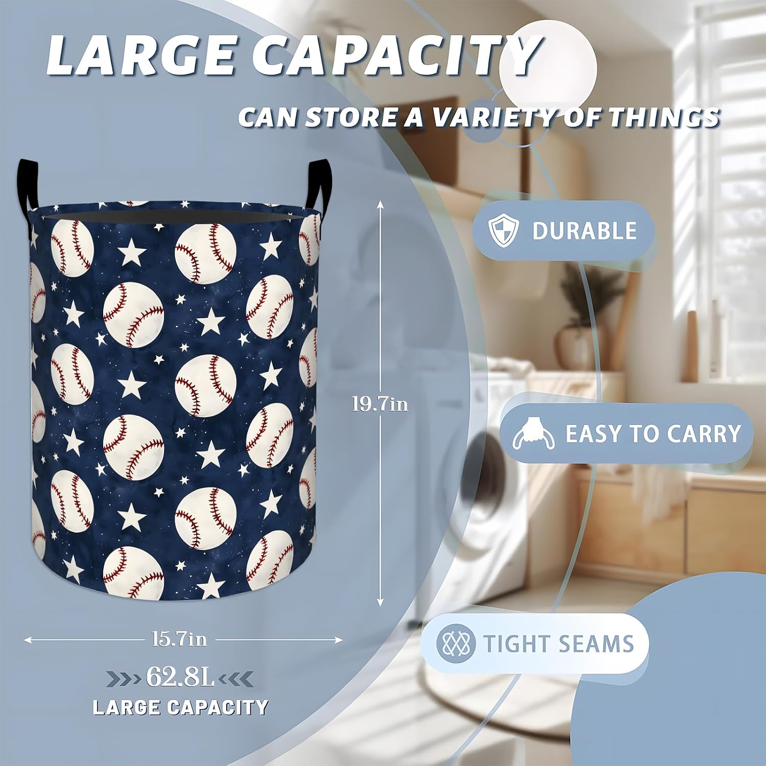 Baseball and White Stars Laundry Basket with Handles, 19.7"x15.7" Clothes Foldable Navy Blue Design Laundry Hamper Organizer for Dorm Nursery Bedroom Bathroom Decor, Toy Storage Bin for Kids