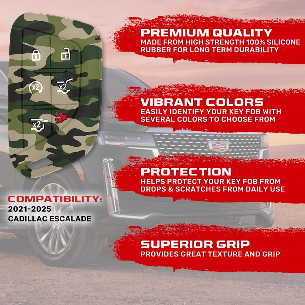 RECON Fits Cadillac 21-25 Escalade 100% Silicone Rubber Rugged Key Fob Protection Cover Premium Quality 6 Button (Army Camo)