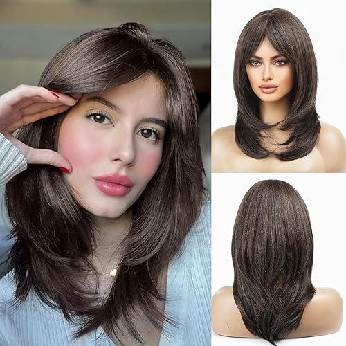 HAIRCUBE Long Brown Wigs for Women, Synthetic Layered Hair Wig with Bangs for Daily