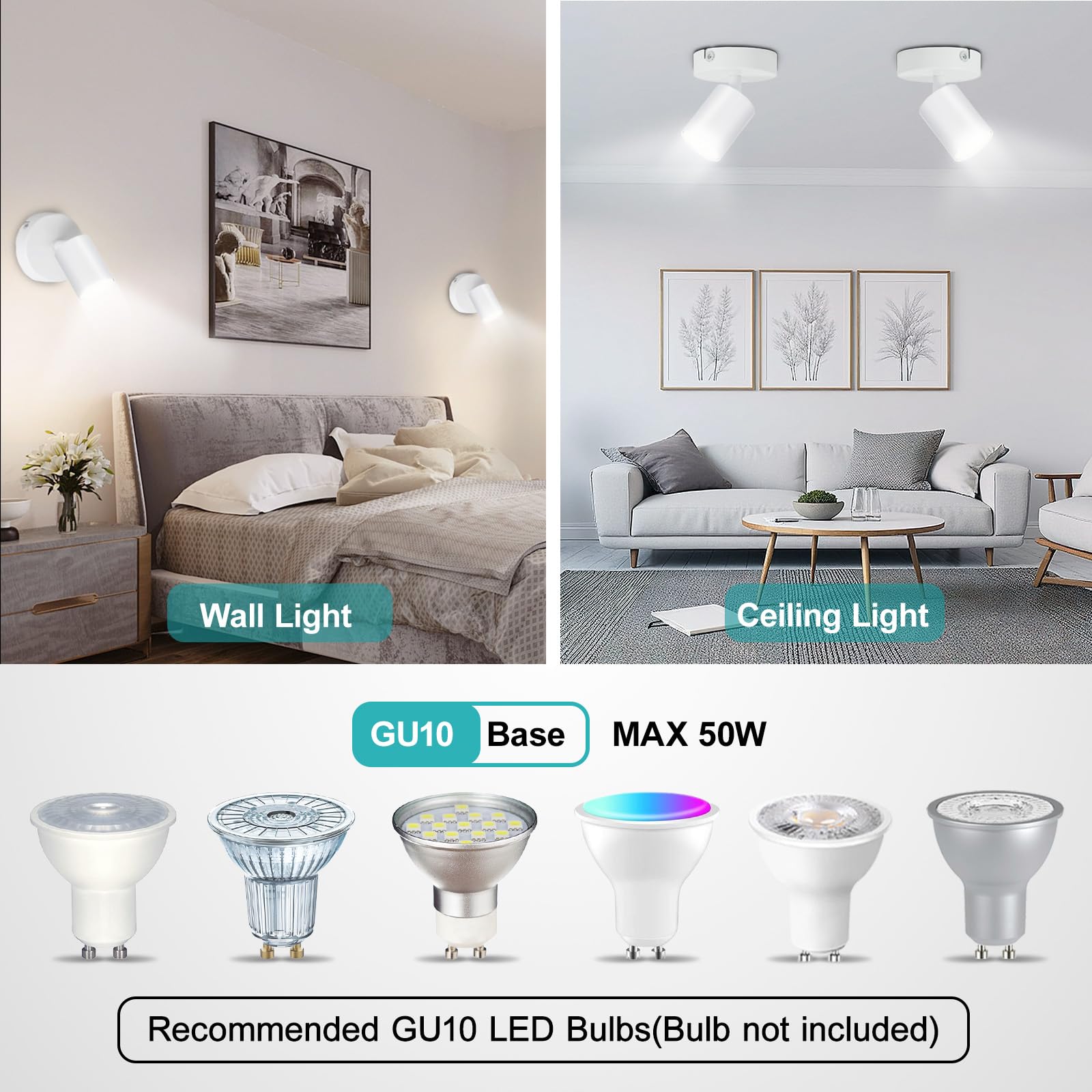 Seruno X 2-Pack Adjustable GU10 Spotlight, 6W LED Compatible, Metal Matt White - Image 3
