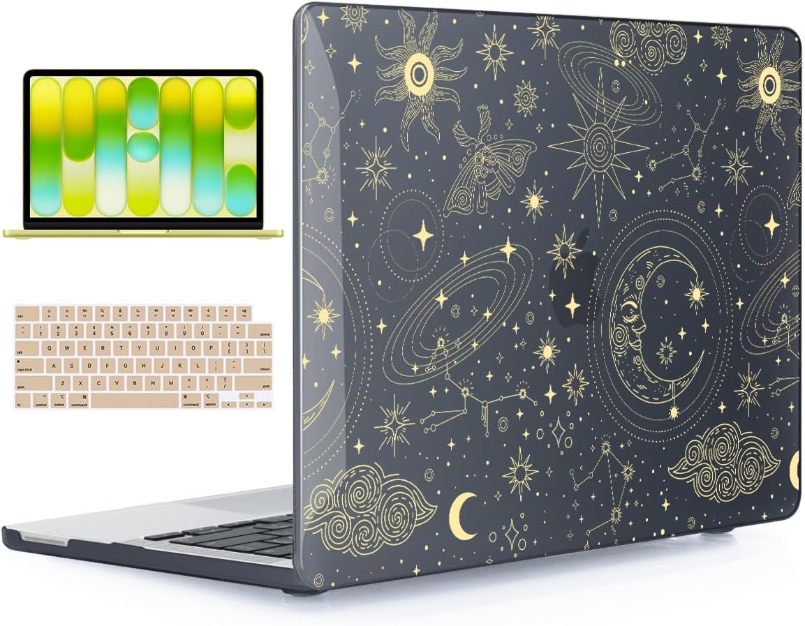 Compatible with MacBook Neo 13 Inch 2026 (A3404, A18 Pro Chip, Liquid Retina Display) Printed Pattern Plastic Hard Shell Cover, with Keyboard Cover+Screen Film+Trackpad Film,Moons Stars
