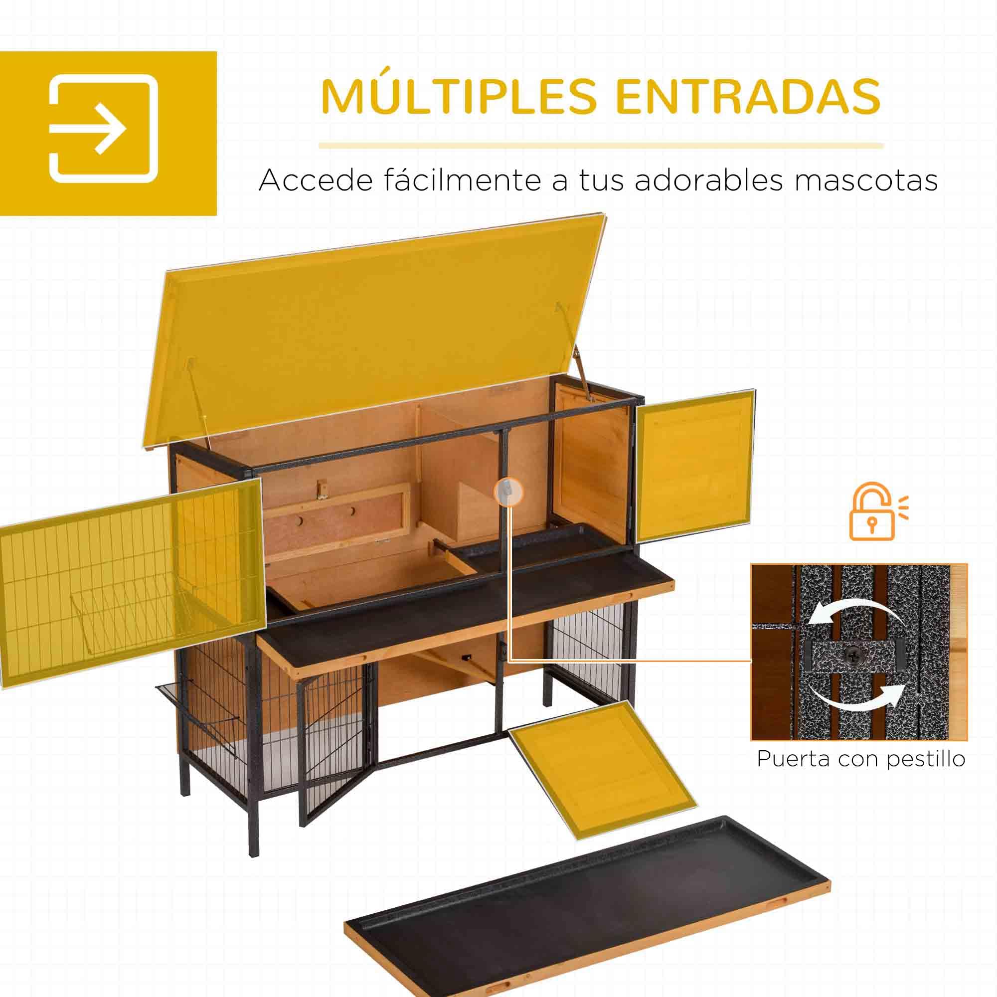 PawHut Conejera de Madera de 2 Niveles Jaula para Conejos con Techo Asfáltico Abatible Puertas con Pestillo Bandejas Extraíbles y Rampa Conejera para Exterior 122x50x101 cm Natural y Negro