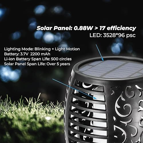 Miniatura 6 de XODO Paquete de 4 luces solares de jardín con llama parpadeante, impermeables, 100 luces LED solares de camino para patio, decoración de porche