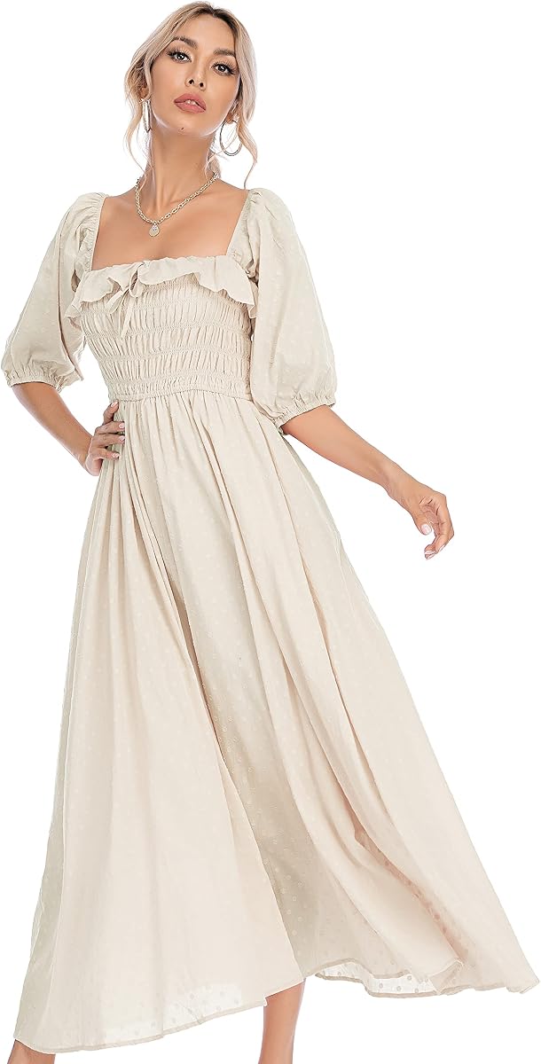 R.Vivimos Vestidos largos fluidos de algodón de verano para mujer | Media Manga, Con Volantes, Vintage Elegante