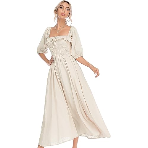 R.Vivimos Women Summer Half Sleeve Cotton Ruffled Vintage Elegant Backless A Line Flowy Long Dresses