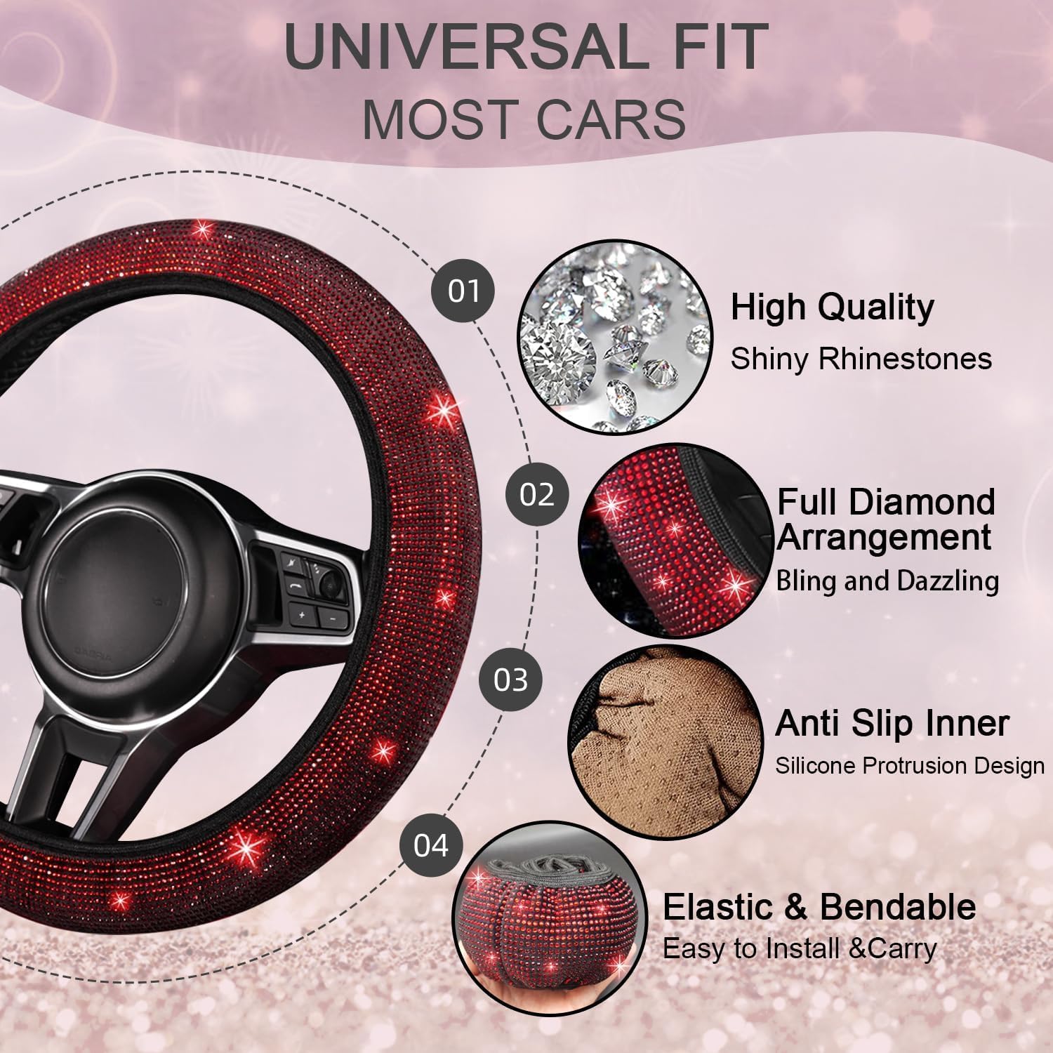 NBTEPEM 12 Pcs Bling Car Accessories Set for Women Car Floor Mats Full Set Steering Wheel Cover Seat Belt Covers Coasters Universal Fit Car SUV Truck Van Red