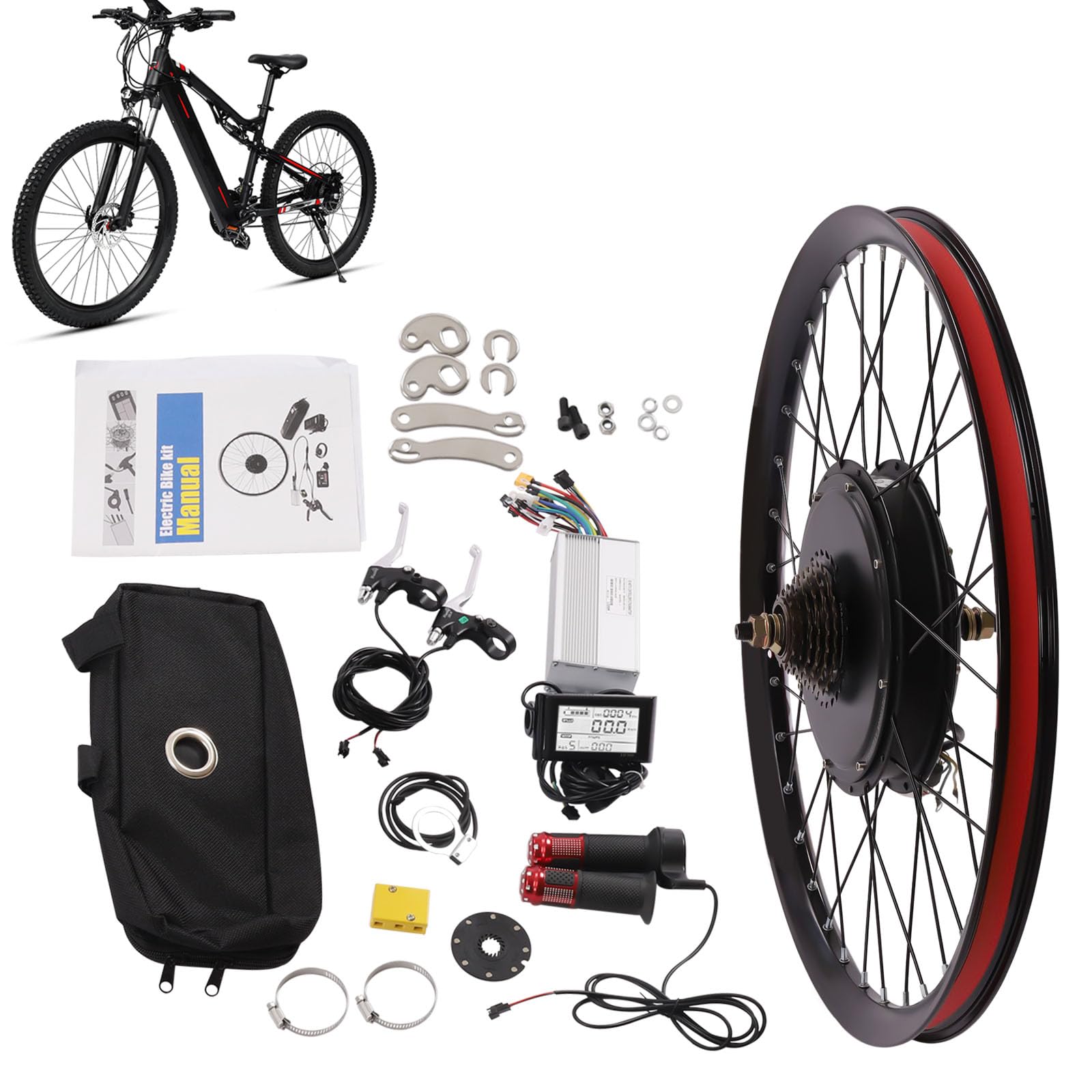 29Inch Electric Bicycle Conversion Kit, 7-Speed E-Bike Motor Flywheel 2000W 72V E-Bike Kit 560rpm Rear Wheel Motor LCD Display, Ordinary Throttle, Pedal Assistant Sensor