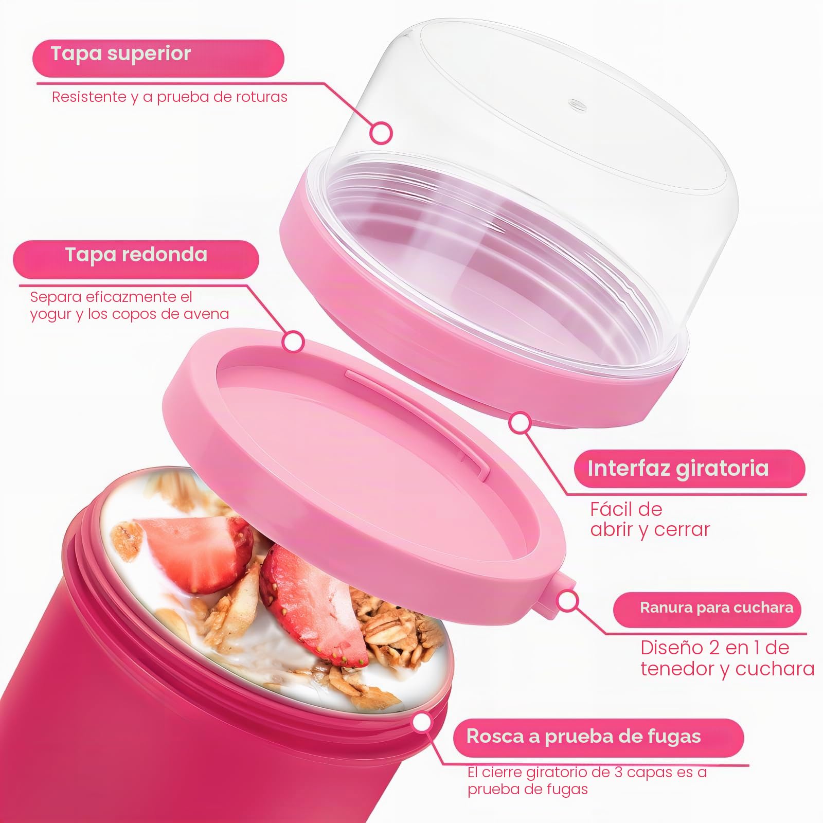 Bugucat Taza para Cereales 450ML+250ML, Taza de Yogur Recipientes para Cereales para Llevar con Tapas y Cuchara, Reutilizable Porta Yogur Vaso Portátil Taza de Cereales con Recipiente para Ensaladas
