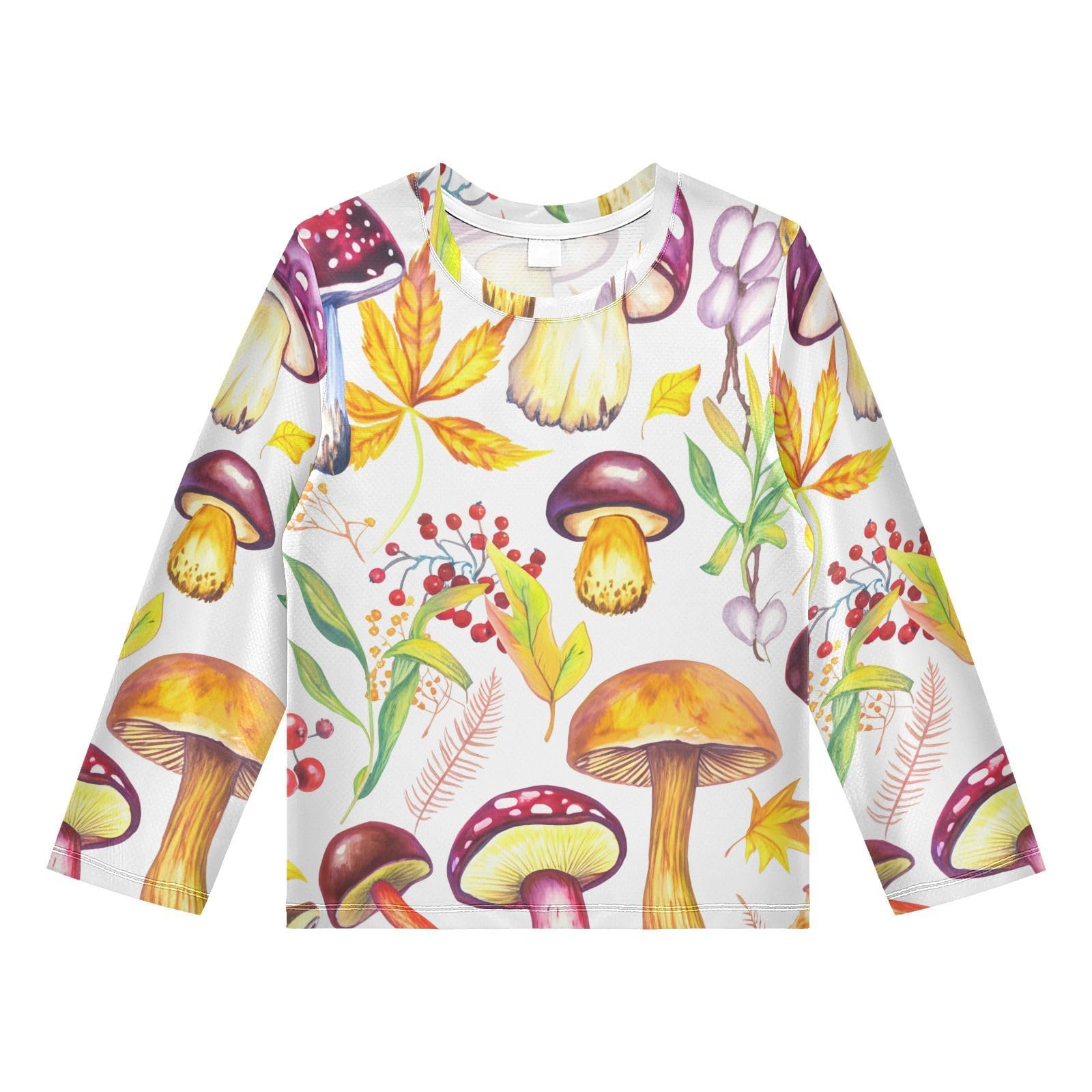 Mushroom Berries Leaves White Rash Guard Shirt for Boys Sun Protection Shirt for Swimming Pool Beach UPF50+ 7-8T
