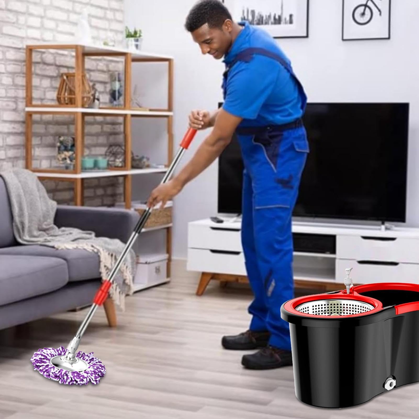 Fregona con Cubo con escurridor, fregona con Cubo - de fregona | Ajustable de Microfibra para Limpieza de Pisos - de Limpieza de Suelos versátil, Conjunto de
