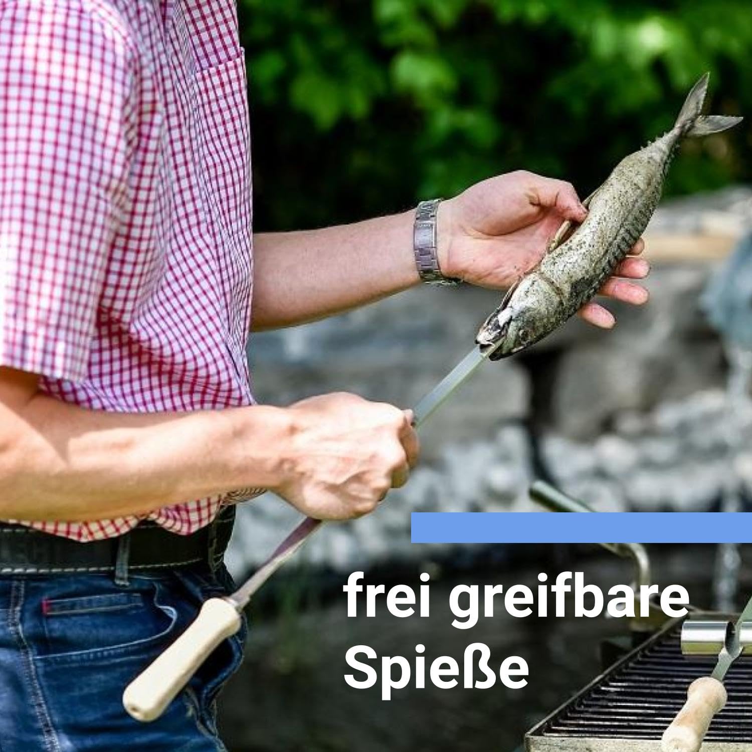 Premium Steckerlfisch Halter für Feuerschale - Platz für 2 Fische - Fisch Grill Aufsatz passt auf jede Feuerschale - stufenlos verstellbar - Fischhalter 100% Edelstahl - Asado Grill für Feuerschale