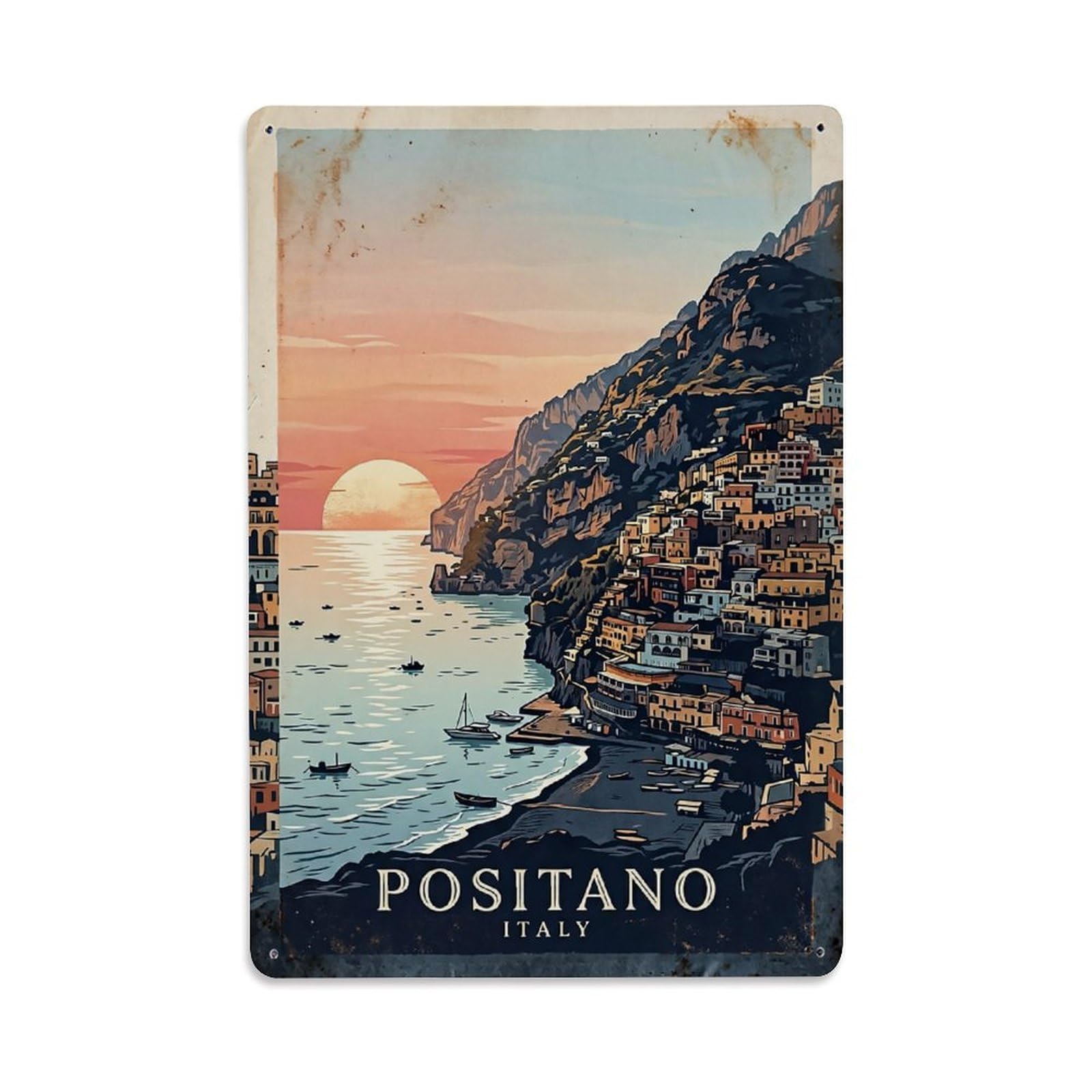 Huiyhb 8X12inch(20X30cm) Vintage Travel Positano Italy Sunrise Sea Mist Metal Tin Sign