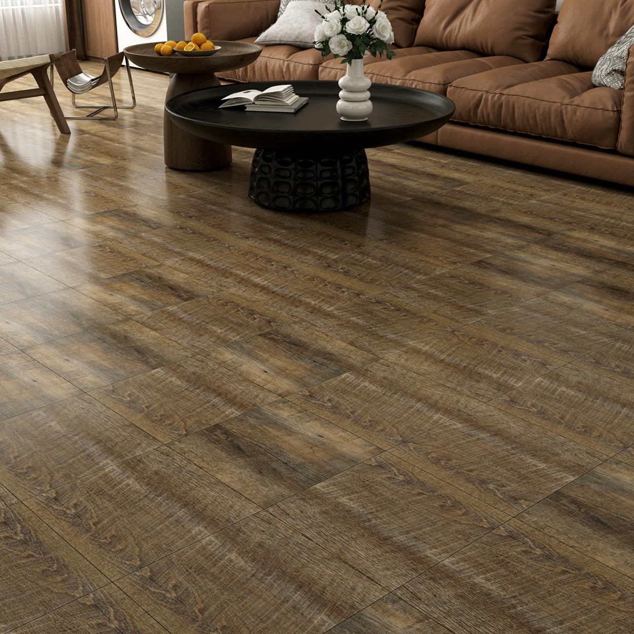 Yenhome 35 Pièces Dalle Vinyle Adhésive Marron Foncé en Bois Salon 30x30cm Lino Sol Adhesif pour Balcon Revetement Adhesif Sol Salle de Bain Imperméable pour Couloir Bureau Salon Résistant à l'Usure