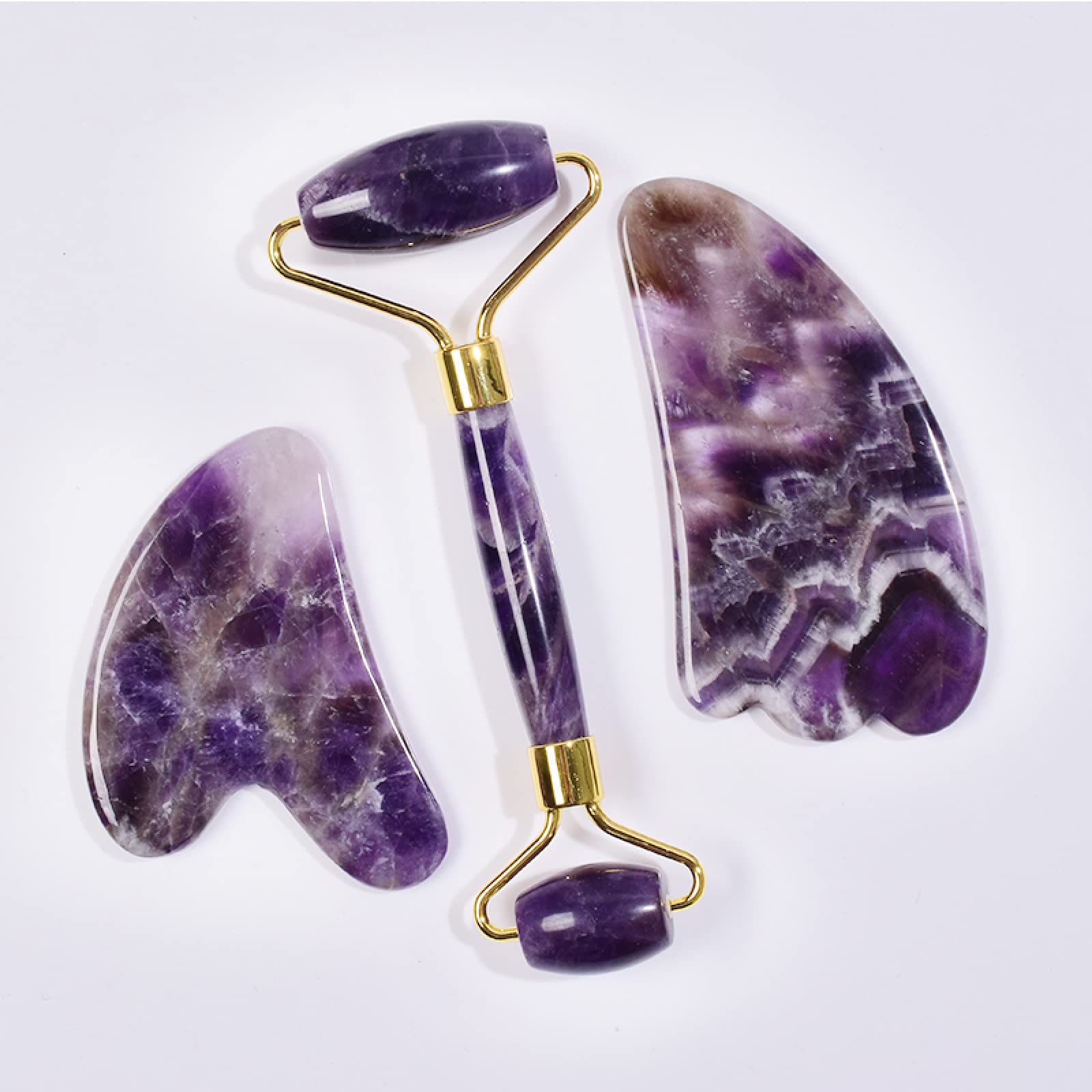 Masajeador de Amatista, Rodillo Facial de Piedra Natural, Juego de Herramientas Gua Sha, Masaje de Cristal raspado, 3 uds. Inicio Colecciones (Color : 3 Pcs)