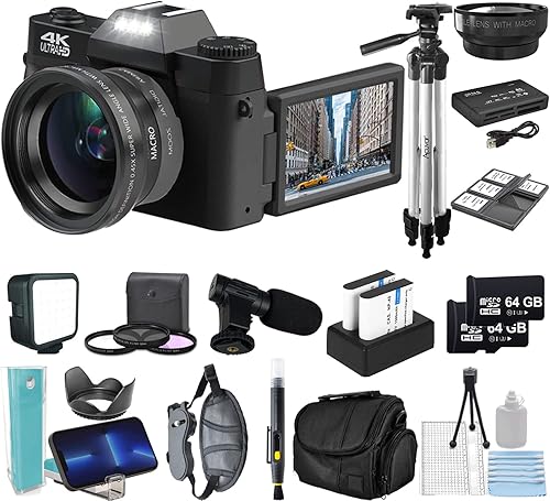 eDealz Kit de cámara digital 4K 48MP para fotografía, vlogging para YouTube con pantalla abatible, WiFi, lente gran angular, filtros, 2 tarjetas
