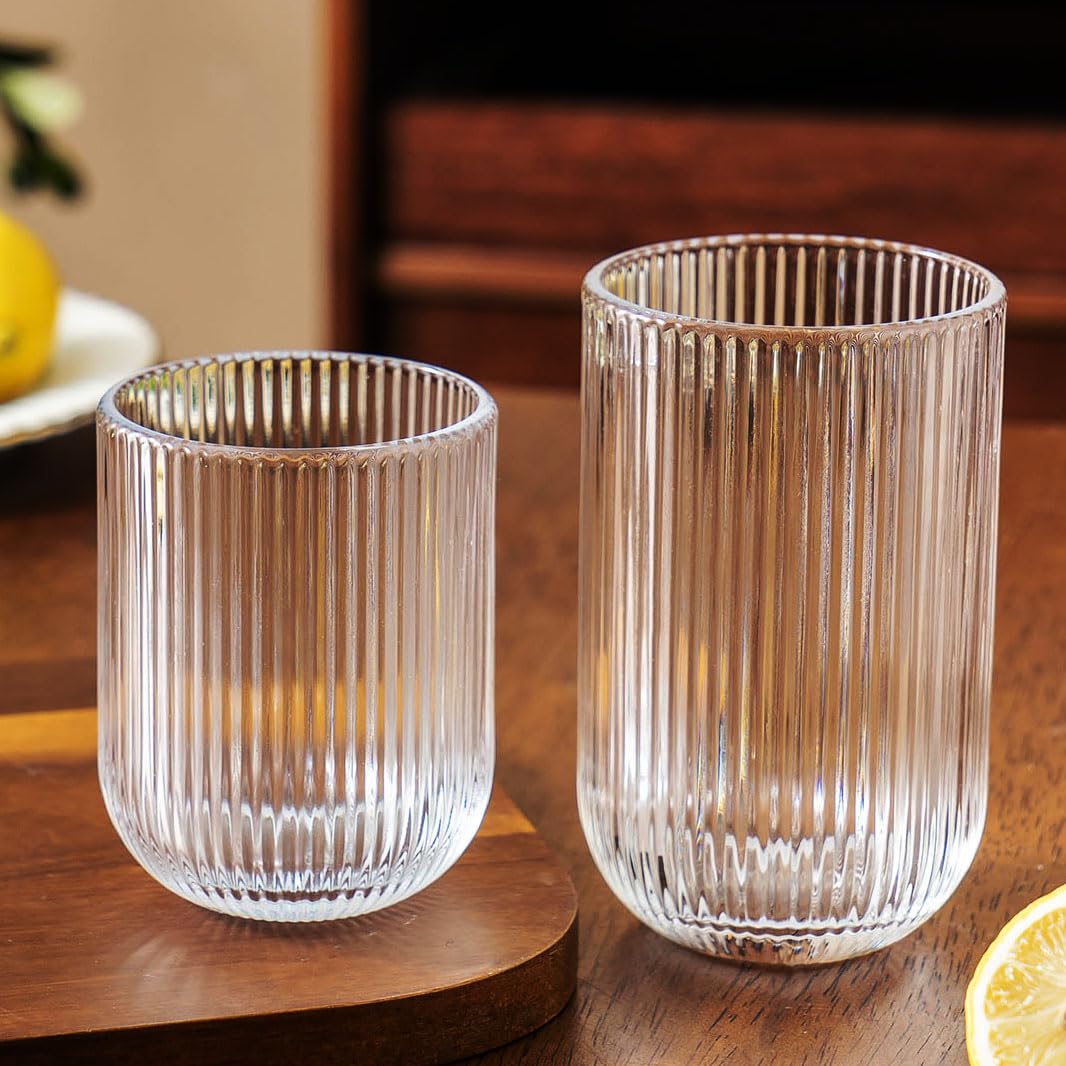 Ribbed Drinking Glasses 8pcs Rocks Drinking Glasses 12oz and 10oz Tumbler Glasses Cup Set for Wedding Party Christmas
