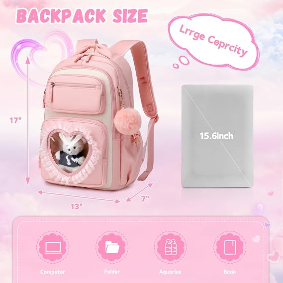 Girls School Backpack, Cute Kids Rucksack for Primary Secondary School, Kawaii Bookbag Aged 6-14 with Clear Heart Window & Pom Pom Charm