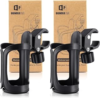 BUNDLEPRO Pack of 2 Universal Stroller Cup Holders for Bikes, Walkers, Trolleys - 360° Rotation, Spill-Proof Drink Holder