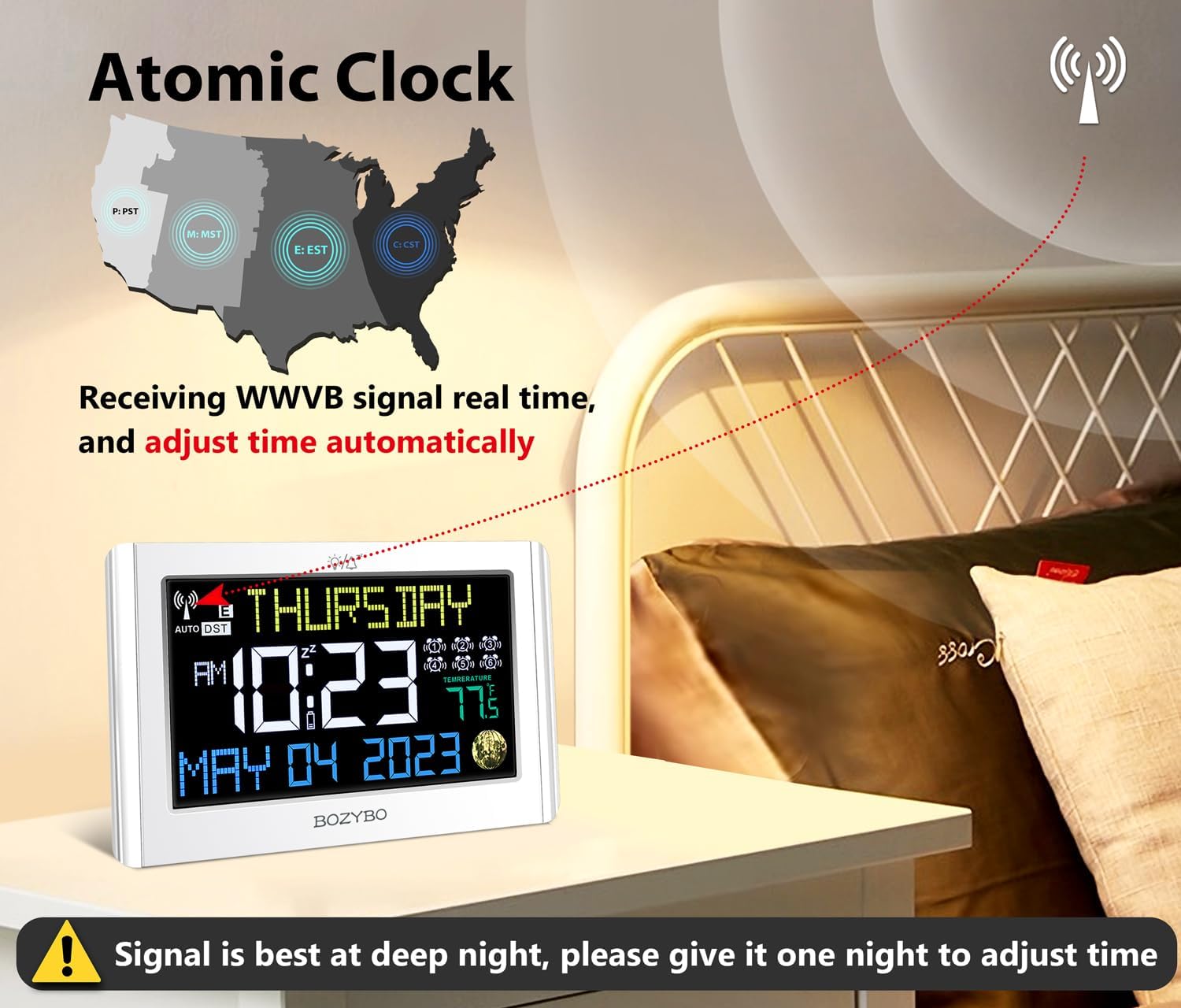 BOZYBO Digital Atomic Alarm Clock WWVB signal reception