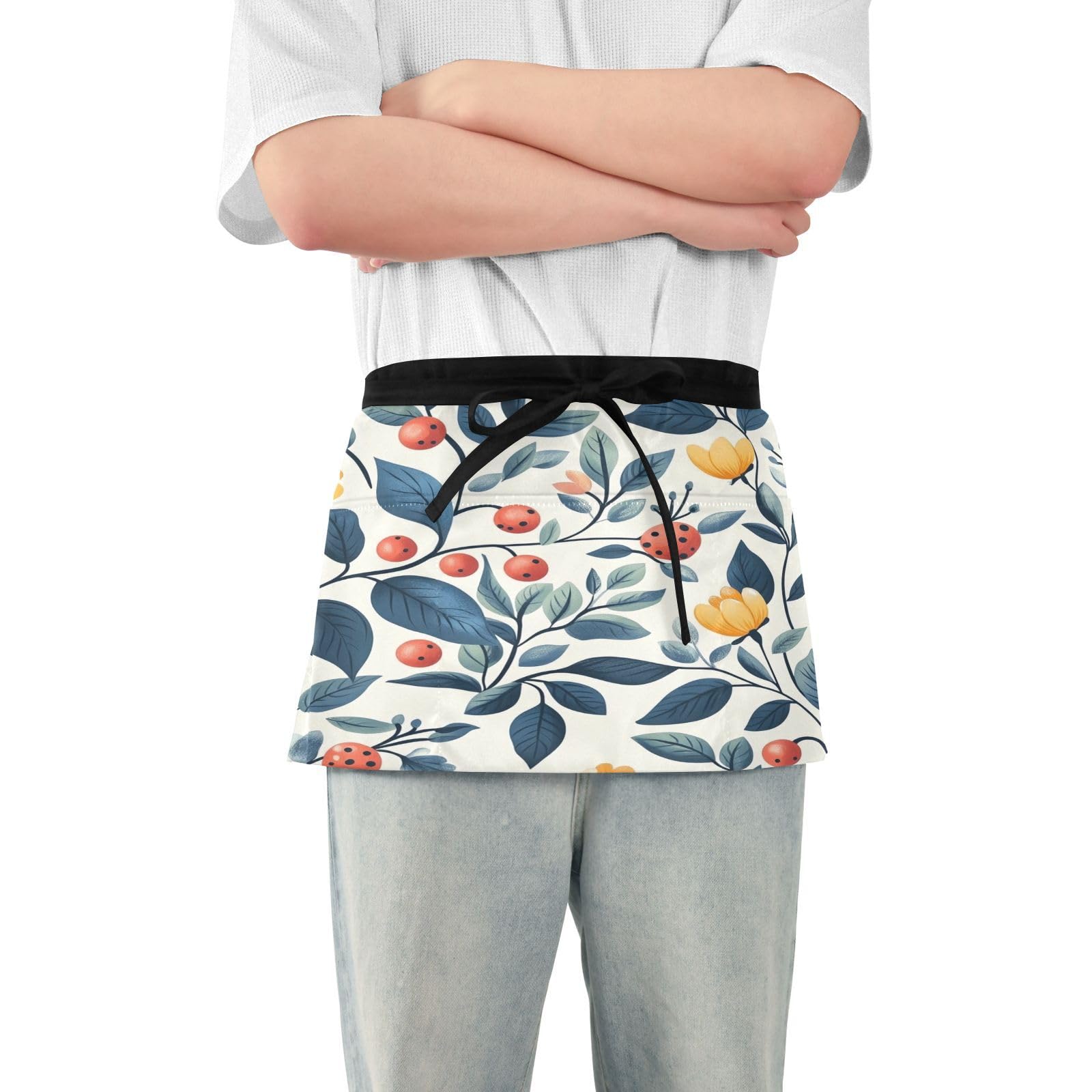 Kigai Gains Flowers Server Aprons for Men Women Water & Oil Resistant Waitress Waiter Waist Apron with 3 Pockets